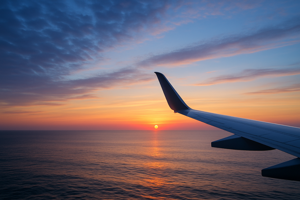 The wing of an airplane with a backdrop of the ocean at sunset